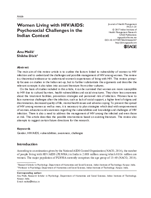 (PDF) Women Living with HIV/AIDS: Psychosocial Challenges in the Indian ...