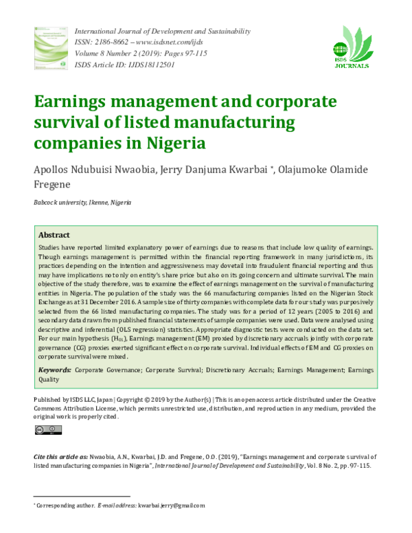 (PDF) Earnings management and corporate survival of listed