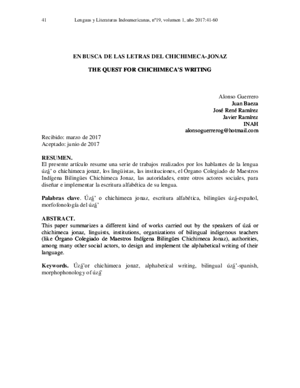(PDF) EN BUSCA DE LAS LETRAS DEL CHICHIMECAJONAZ THE QUEST FOR CHICHIMECA'S WRITING Cheke (PDF) EN BUSCA DE LAS LETRAS DEL CHICHIMECAJONAZ THE QUEST FOR CHICHIMECA'S WRITING Cheke