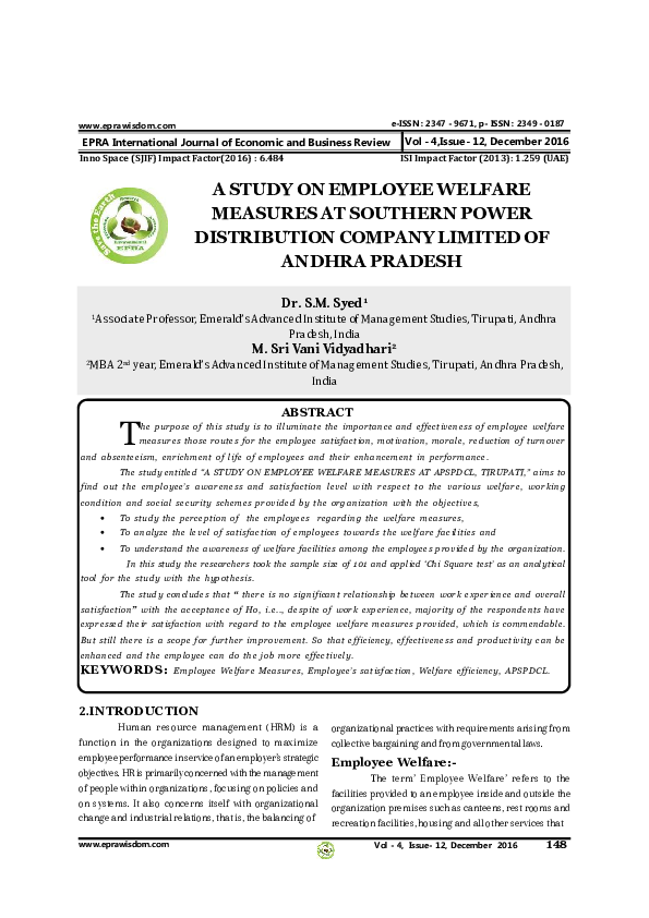 (PDF) A STUDY ON EMPLOYEE WELFARE MEASURES AT SOUTHERN POWER