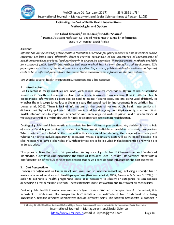 (PDF) Estimating the Cost of Public Health Interventions: Methodologies ...