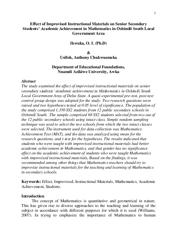 (PDF) Effect of Improvised Instructional Materials on Senior Secondary