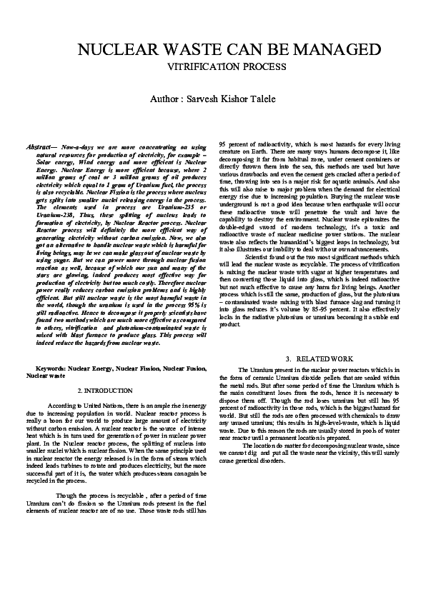 (PDF) NUCLEAR WASTE CAN BE MANAGED VITRIFICATION PROCESS Sarvesh