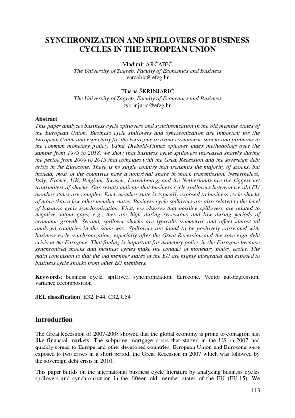 (PDF) SYNCHRONIZATION AND SPILLOVERS OF BUSINESS CYCLES IN THE EUROPEAN ...