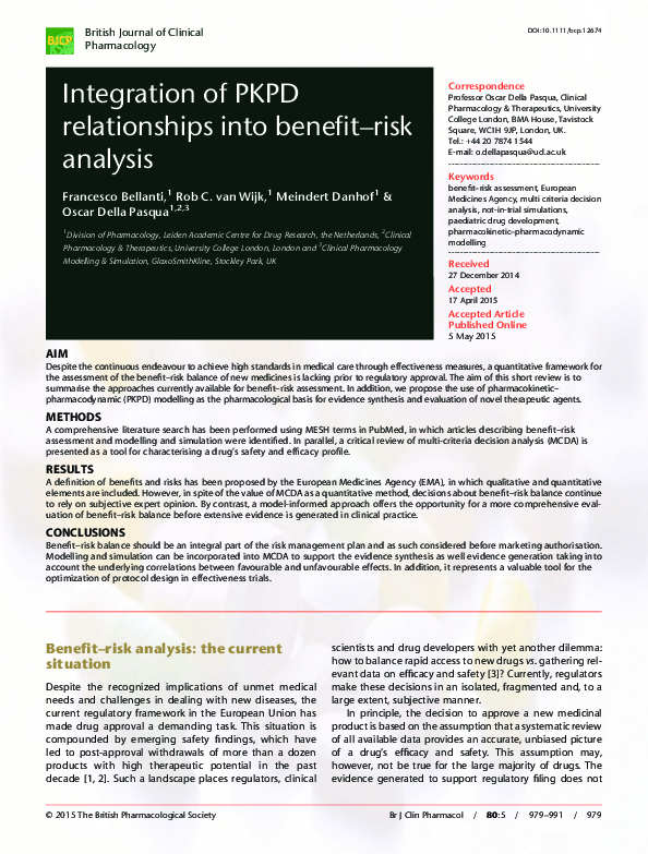 (PDF) Integration of PKPD relationships into benefit-risk analysis