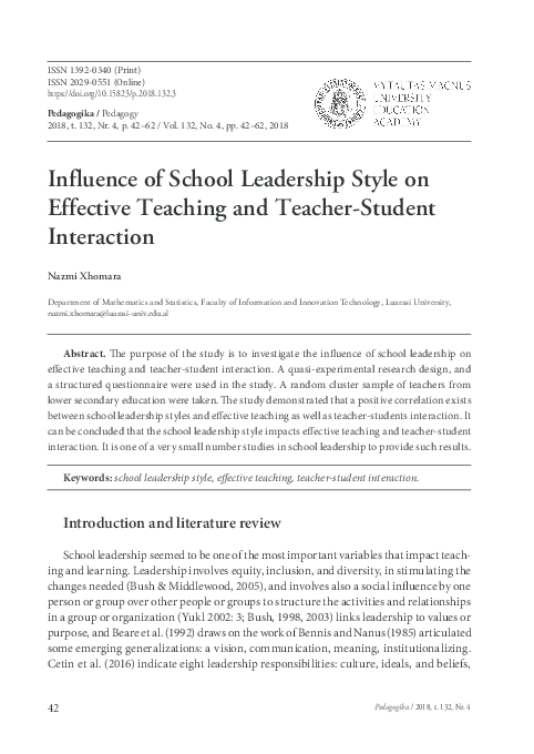 (PDF) Influence of School Leadership Style on Effective Teaching and ...