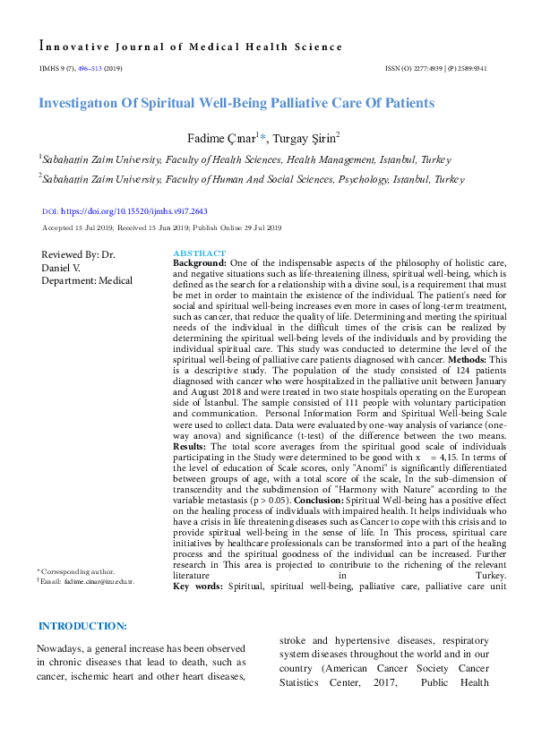 (PDF) Investigation of Spiritual Well-Being Palliative Care of Patients