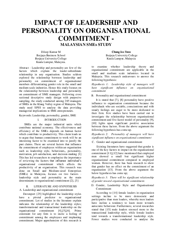 (PDF) IMPACT OF LEADERSHIP AND PERSONALITY ON ORGANISATIONAL COMMITMENT ...