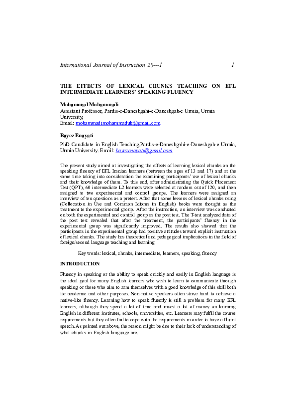 (DOC) THE EFFECTS OF LEXICAL CHUNKS TEACHING ON EFL INTERMEDIATE ...