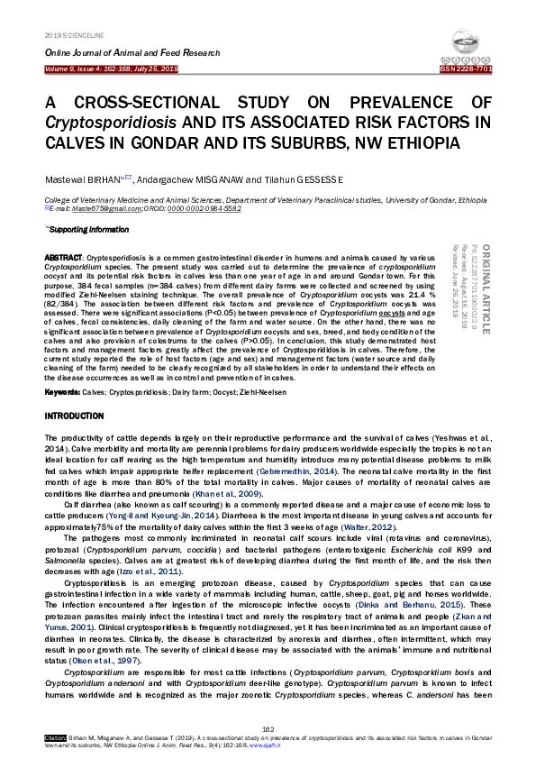 (PDF) A CROSS-SECTIONAL STUDY ON PREVALENCE OF Cryptosporidiosis AND ...