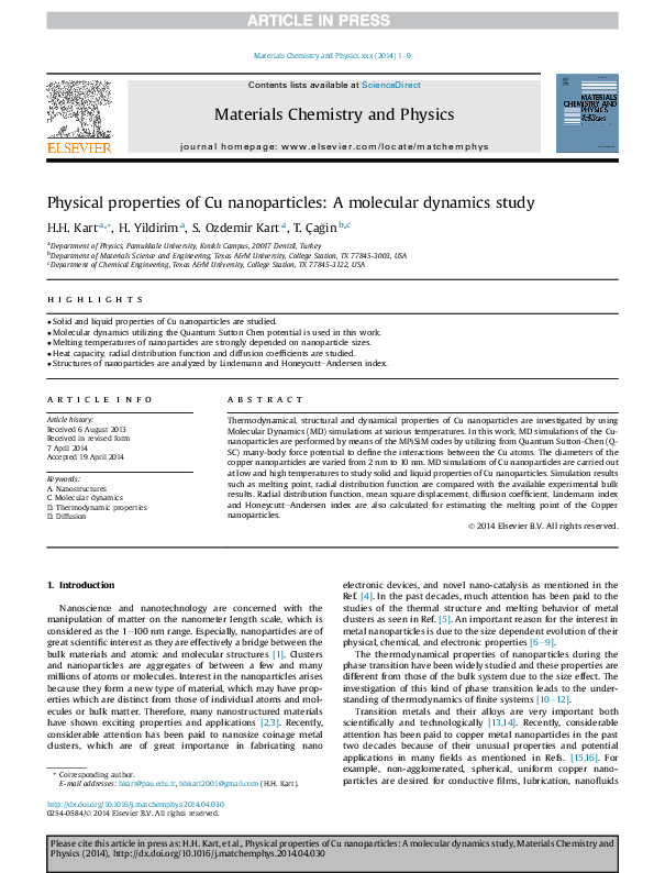 (PDF) Physical properties of Cu nanoparticles: A molecular dynamics study