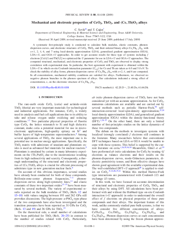 (PDF) Mechanical and electronic properties of CeO2, ThO2, and (Ce,Th)O2 ...