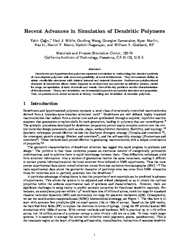 (PDF) Recent Advances in Simulation of Dendritic Polymers