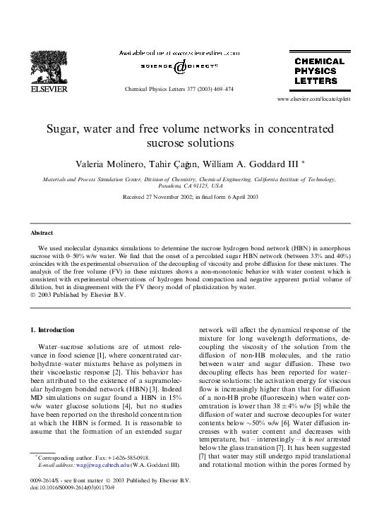 (PDF) Sugar, water and free volume networks in concentrated sucrose ...