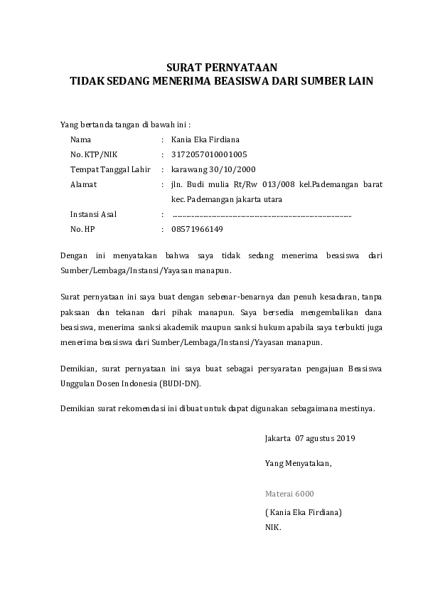 Contoh Surat Pernyataan Bermaterai Tidak Menerima Beasiswa Dari Manapun Nusagates