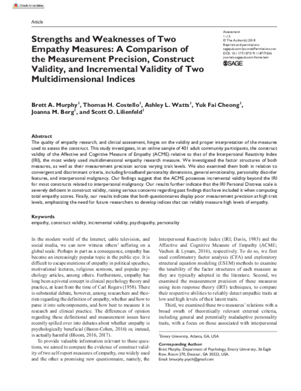 (PDF) Strengths and Weaknesses of Two Empathy Measures: A Comparison of ...