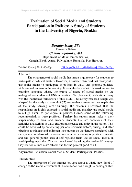 (PDF) Evaluation of Social Media and Students Participation in Politics ...