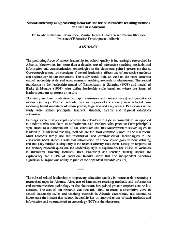 (PDF) School leadership as a predicting factor for the use of ...