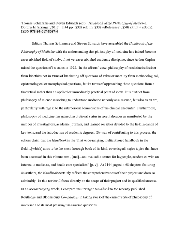 (PDF) Philosophy of medicine 2017: reviewing the situation