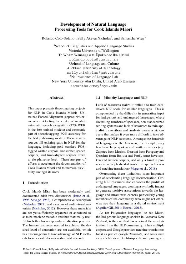 (PDF) Development of Natural Language Processing Tools for Cook Islands ...