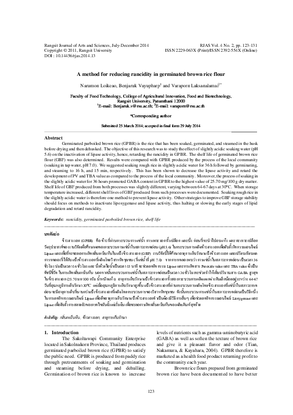 (PDF) A method for reducing rancidity in germinated brown rice flour