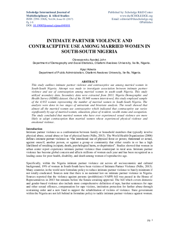 (PDF) INTIMATE PARTNER VIOLENCE AND CONTRACEPTIVE USE AMONG MARRIED ...