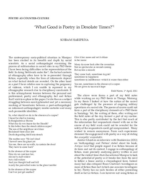 (PDF) What good is poetry in desolate times?