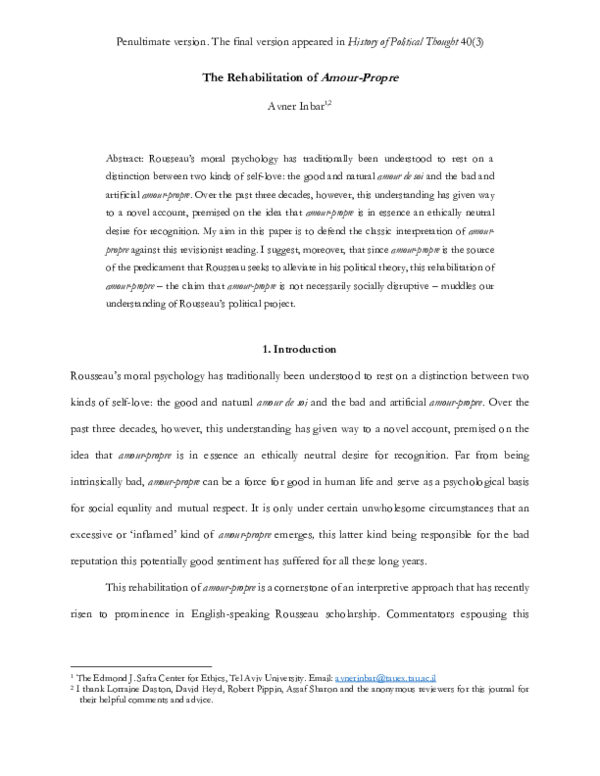 (PDF) The Rehabilitation of Amour-Propre | Avner Inbar - Academia.edu