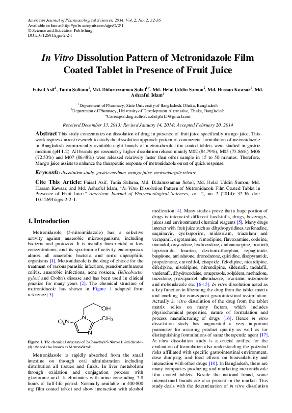 PDF) In Vitro Dissolution Pattern of Metronidazole Film Coated Tablet in Presence of Fruit Juice - Ashraful Islam - Academia.edu