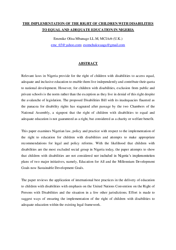 (DOC) THE IMPLEMENTATION OF THE RIGHT OF CHILDREN WITH DISABILITIES TO ...