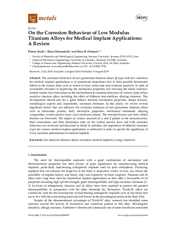(PDF) On the Corrosion Behaviour of Low Modulus Titanium Alloys for