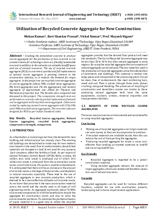 (PDF) IRJET - Utilization of Recycled Concrete Aggregate for New ...