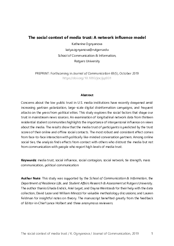 (PDF) The social context of media trust: A network influence model