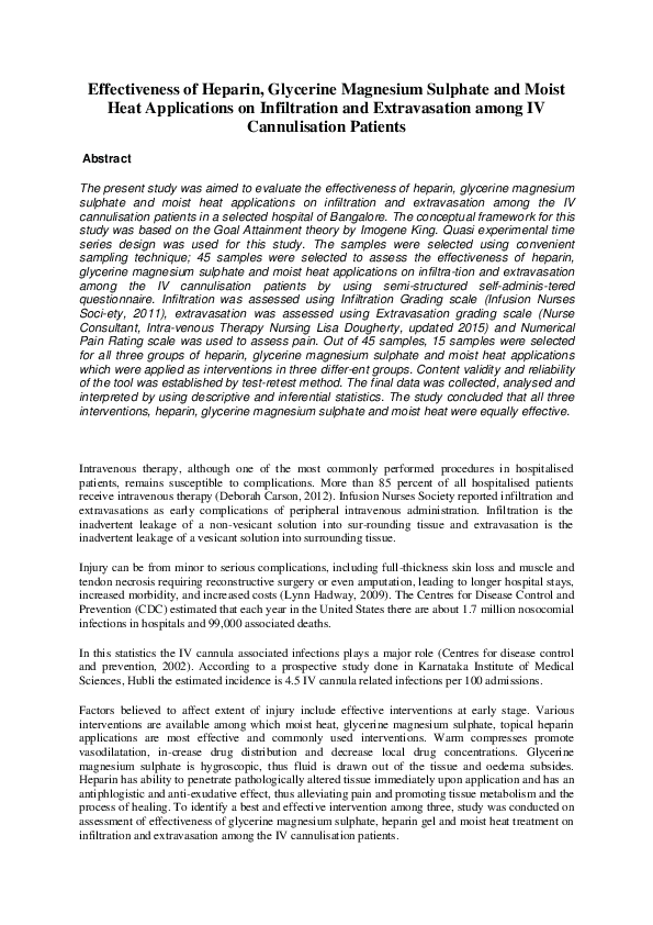 (DOC) Effectiveness of Heparin, Glycerine Magnesium Sulphate and Moist