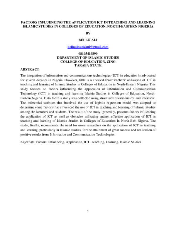 (PDF) FACTORS INFLUENCING THE APPLICATION OF ICT IN TEACHING AND ...