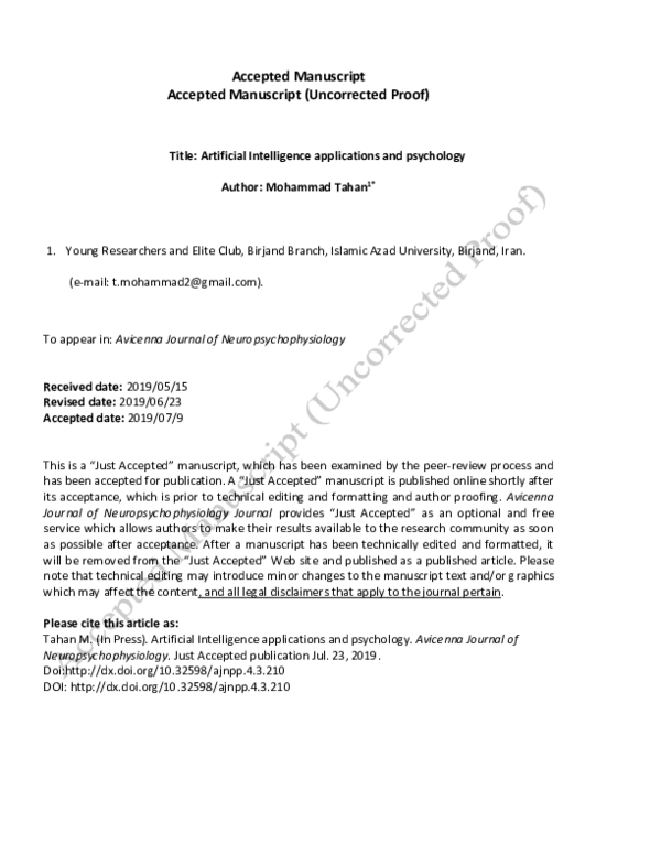 (PDF) Artificial Intelligence applications and psychology