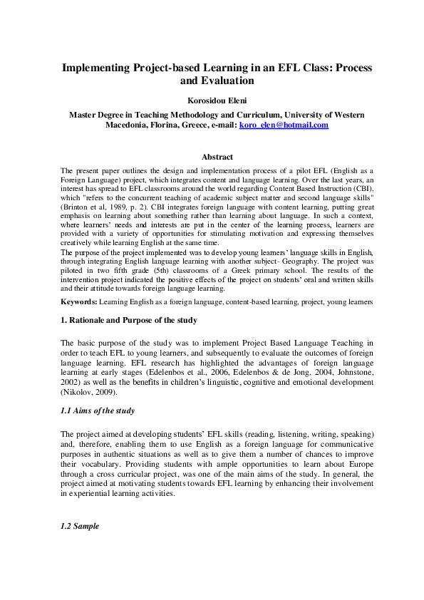 (DOC) Implementing Project-based Learning in an EFL Class: Process and ...