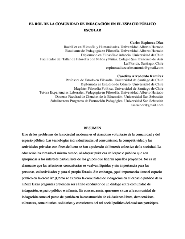 (DOC) Artículo L El rol de la comunidad de indagacion en el espacio ...