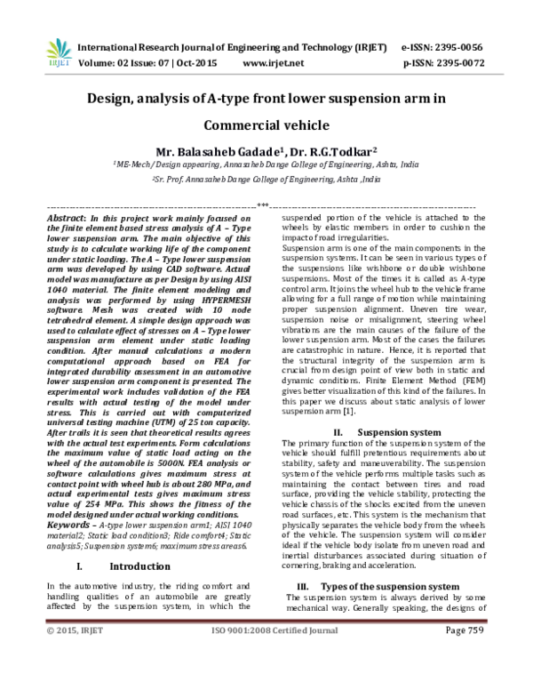 (PDF) Design, analysis of Atype front lower suspension arm in Commercial vehicle CALVIN JAMES