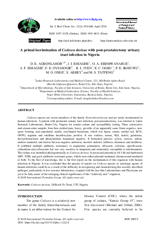 (PDF) A primal incrimination of Cedecea davisae with post-prostatectomy ...