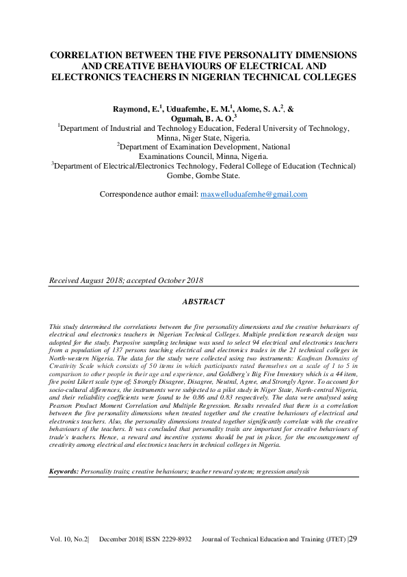 (PDF) CORRELATION BETWEEN THE FIVE PERSONALITY DIMENSIONS AND CREATIVE ...