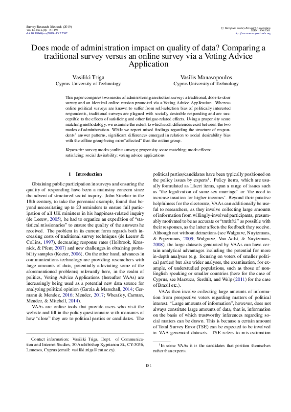 Does mode of administration impact on quality of data? Comparing a traditional survey versus an online survey via a Voting Advice Application