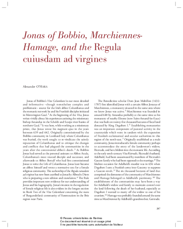 Jonas of Bobbio, Marchiennes-Hamage, and the Regula cuiusdam ad virgines