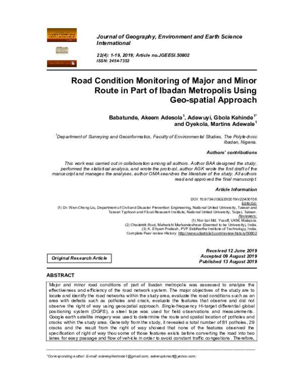 (PDF) Road Condition Monitoring of Major and Minor Route in Part of ...