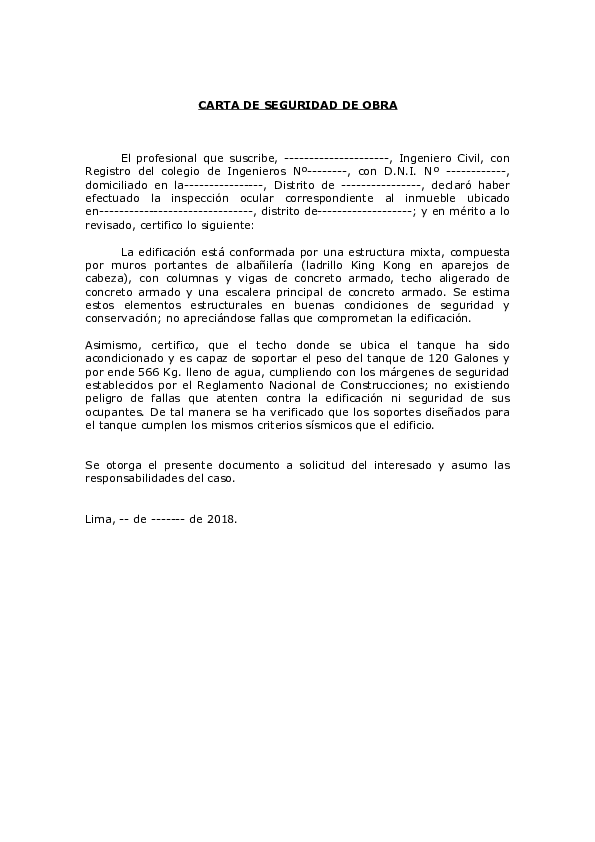 (DOC) CARTA DE SEGURIDAD DE OBRA