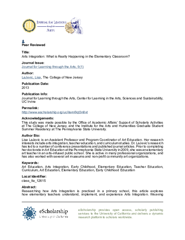 (PDF) Arts integration What is really happening in the elementary