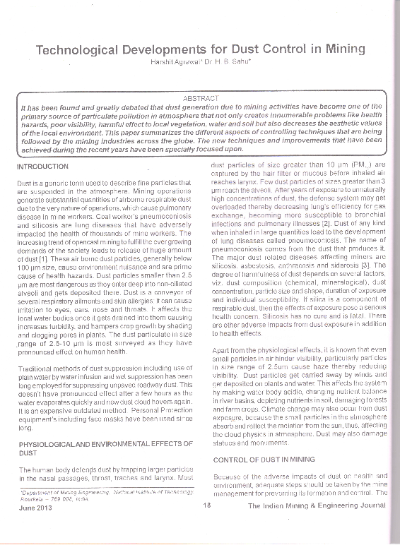 (PDF) Technological advancement for dust control in mining
