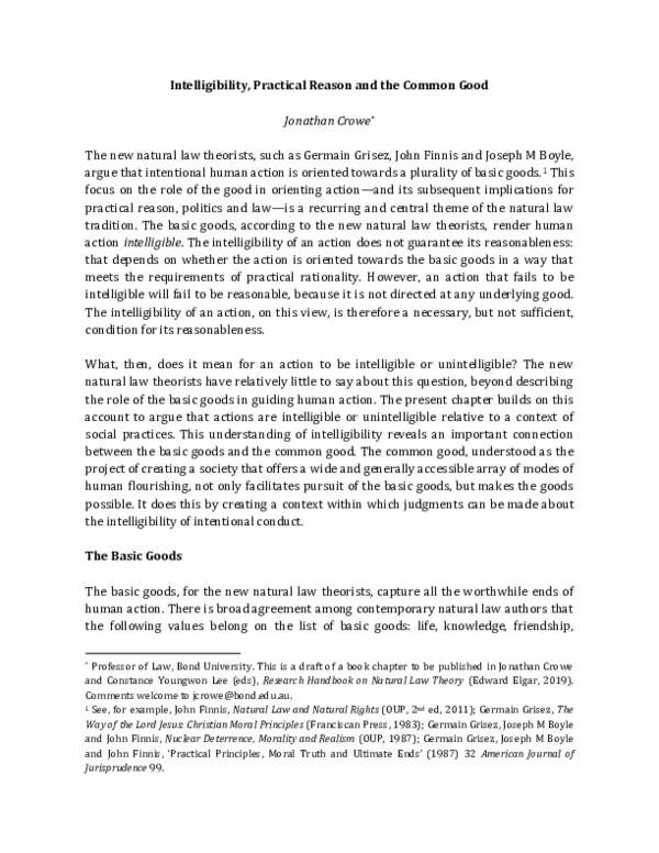 (PDF) Intelligibility, Practical Reason and the Common Good