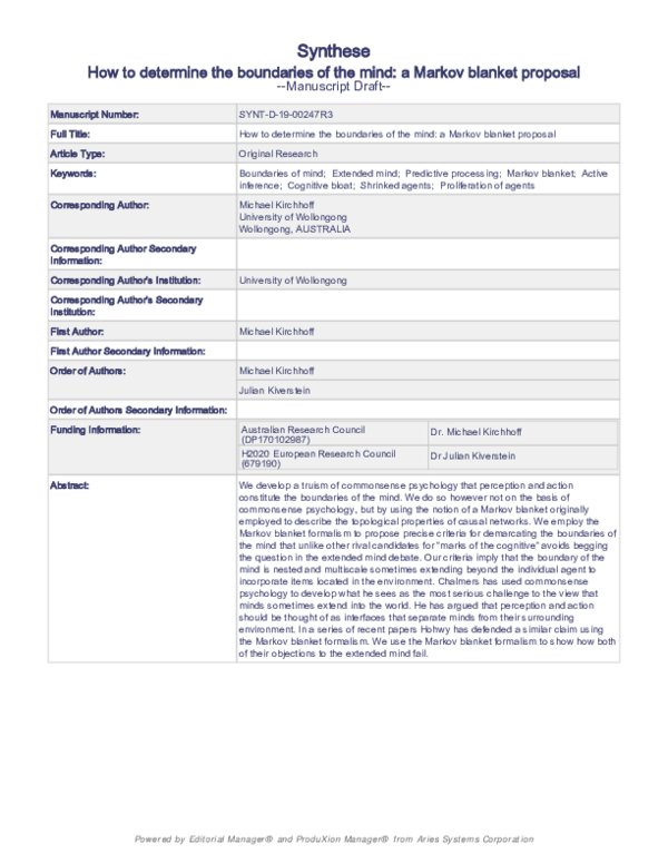 (PDF) How to determine the boundaries of the mind a Markov blanket