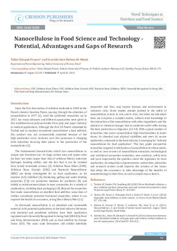 (PDF) Nanocellulose in Food Science and Technology - Potential ...